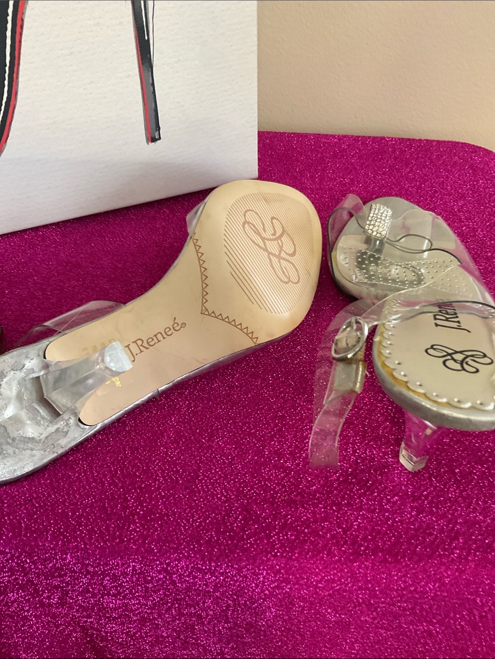 J.Renee Silver Clear Strap Rhinestone Toe Loop Heels - Picture 4 of 5